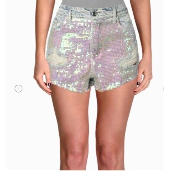 SUNSET & SPRING SEQUINED DISTRESSED DENIM SHORTS, Sz 29, NWT - Picture 1 of 6